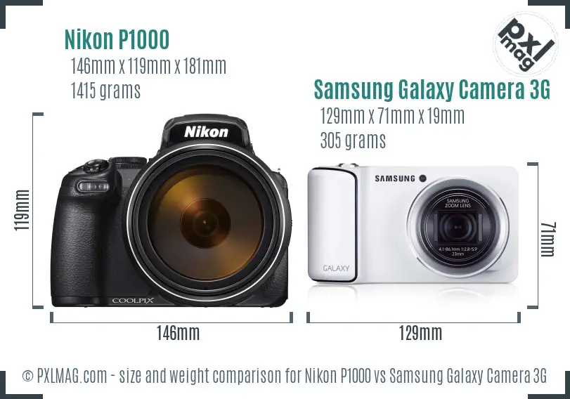 Nikon P1000 vs Samsung Galaxy Camera 3G size comparison