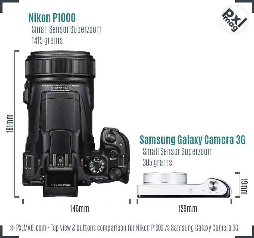 Nikon P1000 vs Samsung Galaxy Camera 3G top view buttons comparison