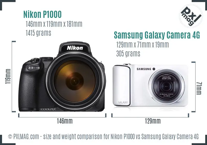 Nikon P1000 vs Samsung Galaxy Camera 4G size comparison