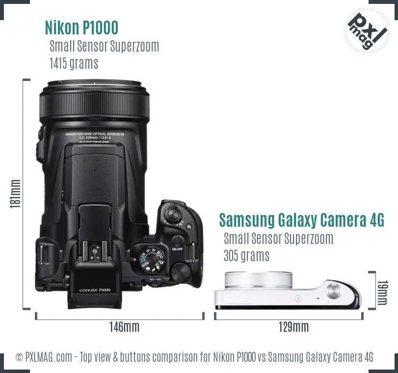 Nikon P1000 vs Samsung Galaxy Camera 4G top view buttons comparison