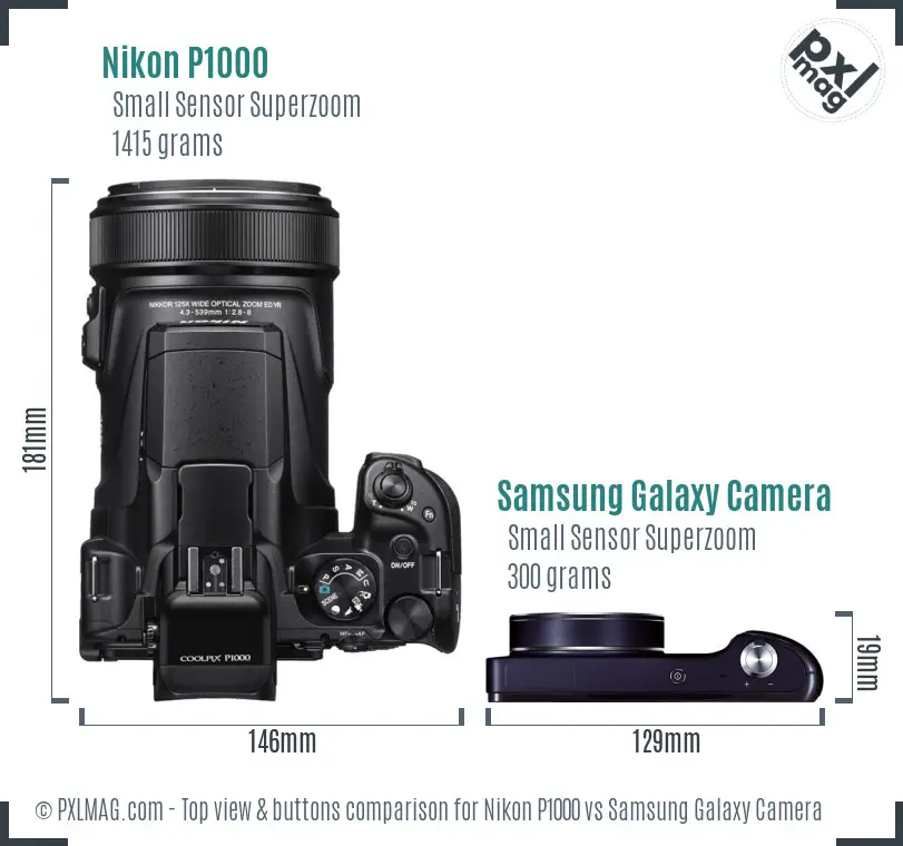 Nikon P1000 vs Samsung Galaxy Camera top view buttons comparison