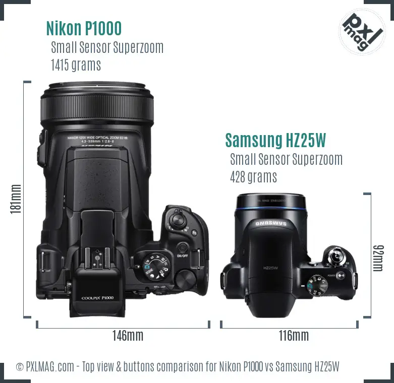 Nikon P1000 vs Samsung HZ25W top view buttons comparison