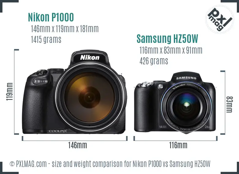 Nikon P1000 vs Samsung HZ50W size comparison