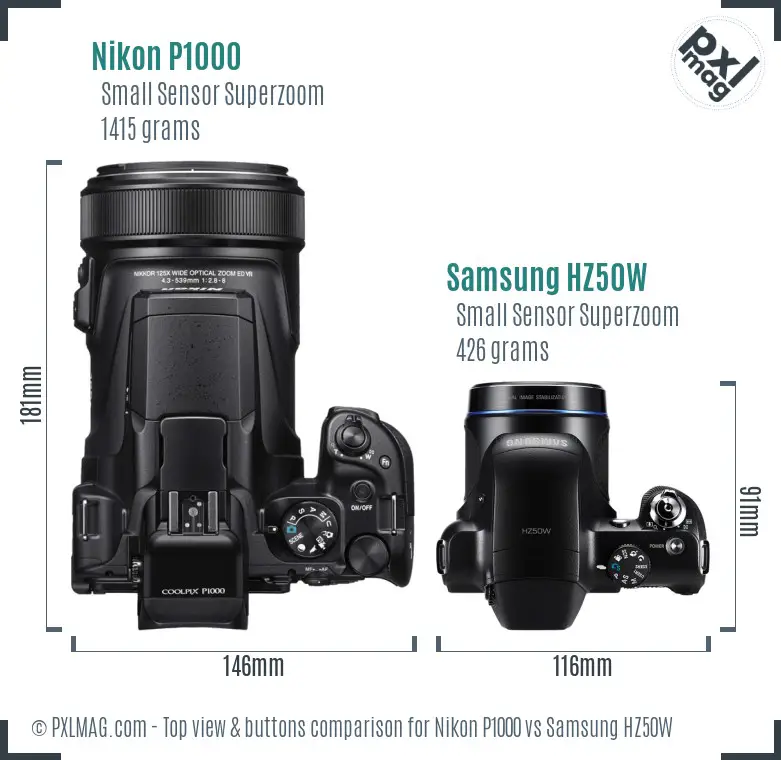 Nikon P1000 vs Samsung HZ50W top view buttons comparison