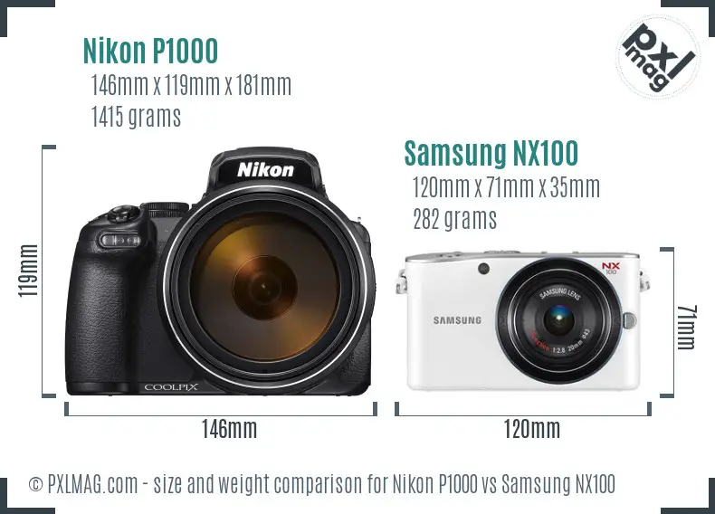 Nikon P1000 vs Samsung NX100 size comparison