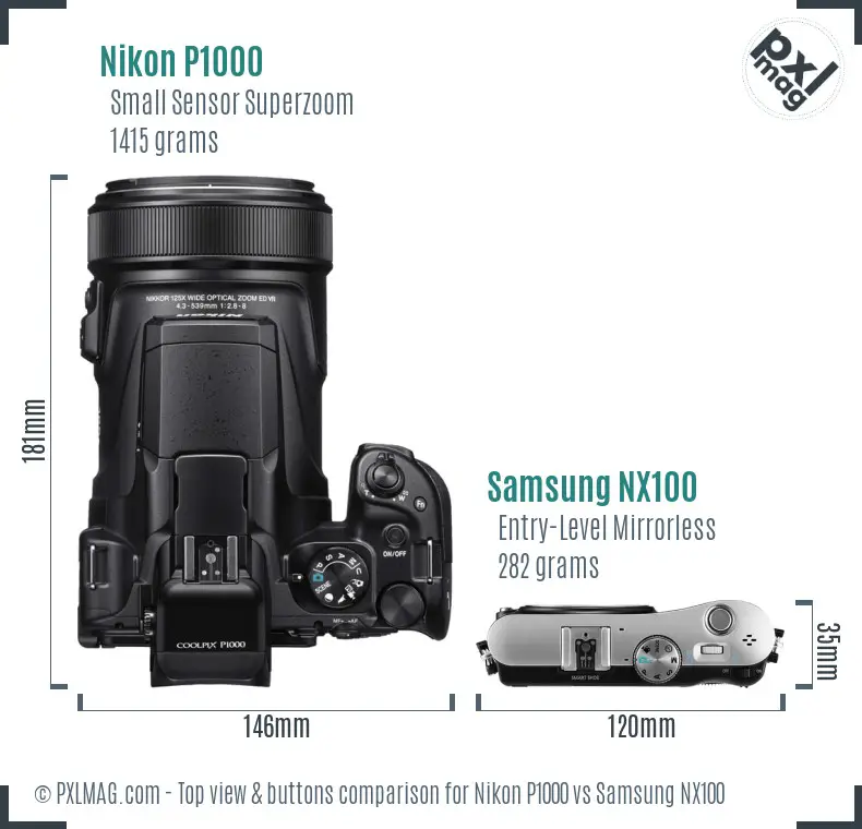 Nikon P1000 vs Samsung NX100 top view buttons comparison