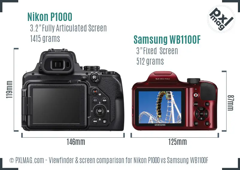 Nikon P1000 vs Samsung WB1100F Screen and Viewfinder comparison