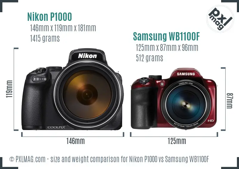 Nikon P1000 vs Samsung WB1100F size comparison