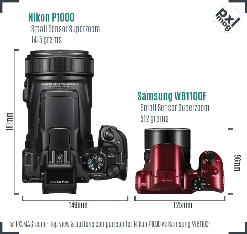 Nikon P1000 vs Samsung WB1100F top view buttons comparison