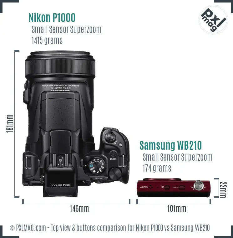 Nikon P1000 vs Samsung WB210 top view buttons comparison