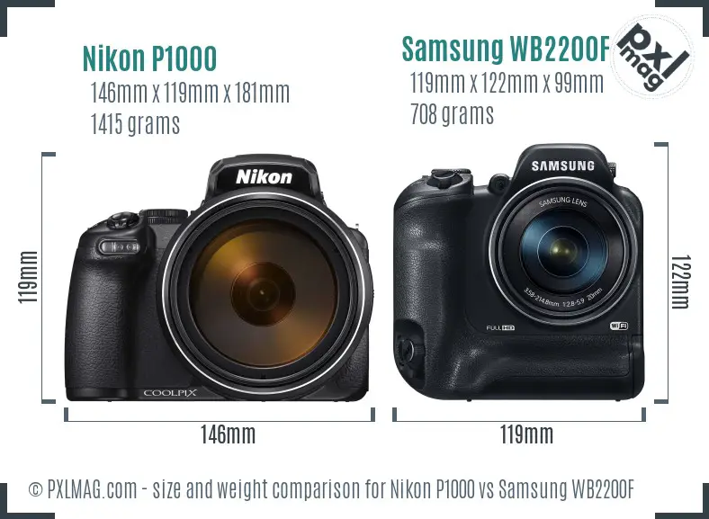 Nikon P1000 vs Samsung WB2200F size comparison