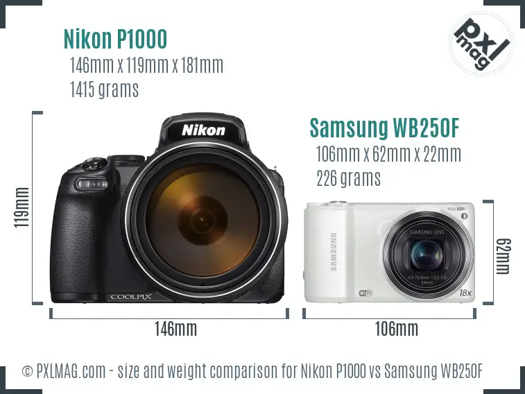 Nikon P1000 vs Samsung WB250F size comparison