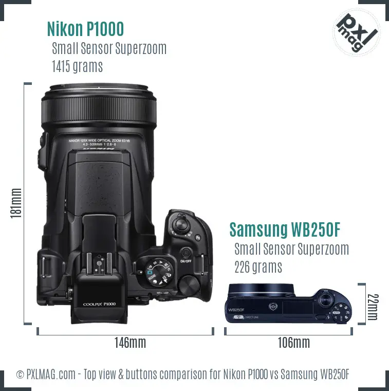 Nikon P1000 vs Samsung WB250F top view buttons comparison