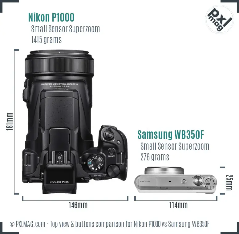 Nikon P1000 vs Samsung WB350F top view buttons comparison