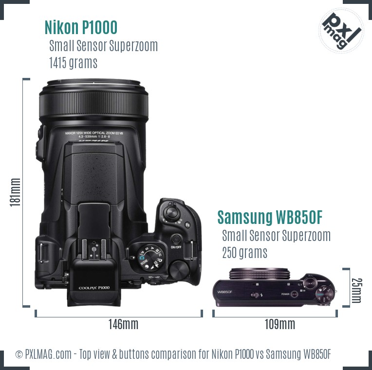 Nikon P1000 vs Samsung WB850F top view buttons comparison