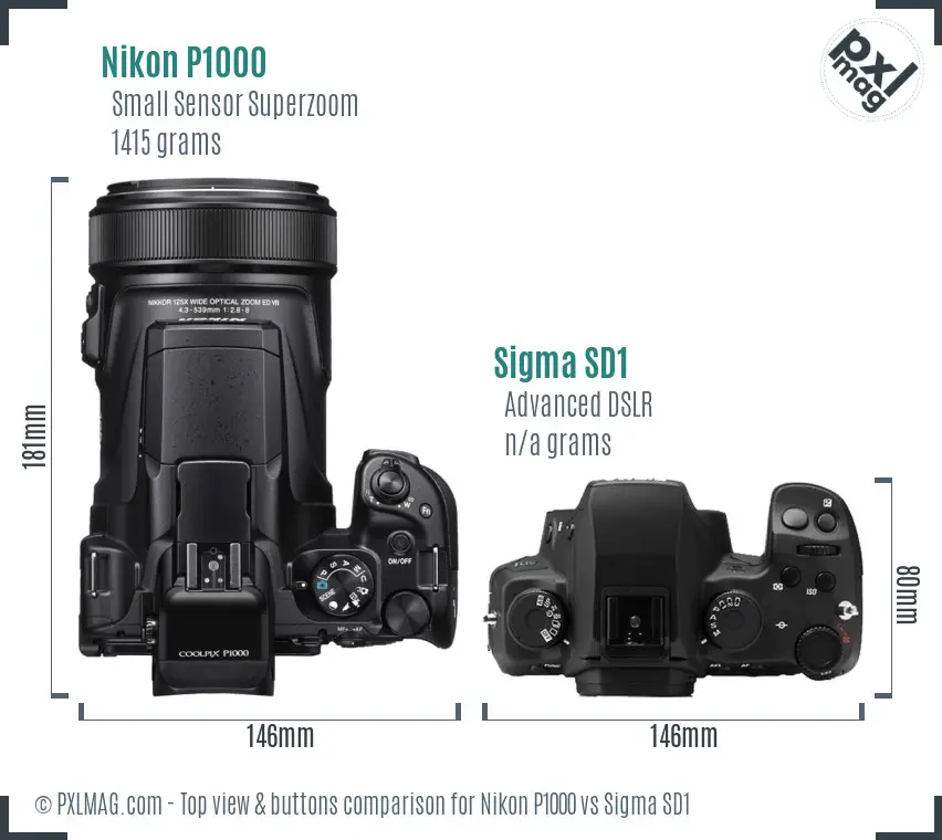 Nikon P1000 vs Sigma SD1 top view buttons comparison