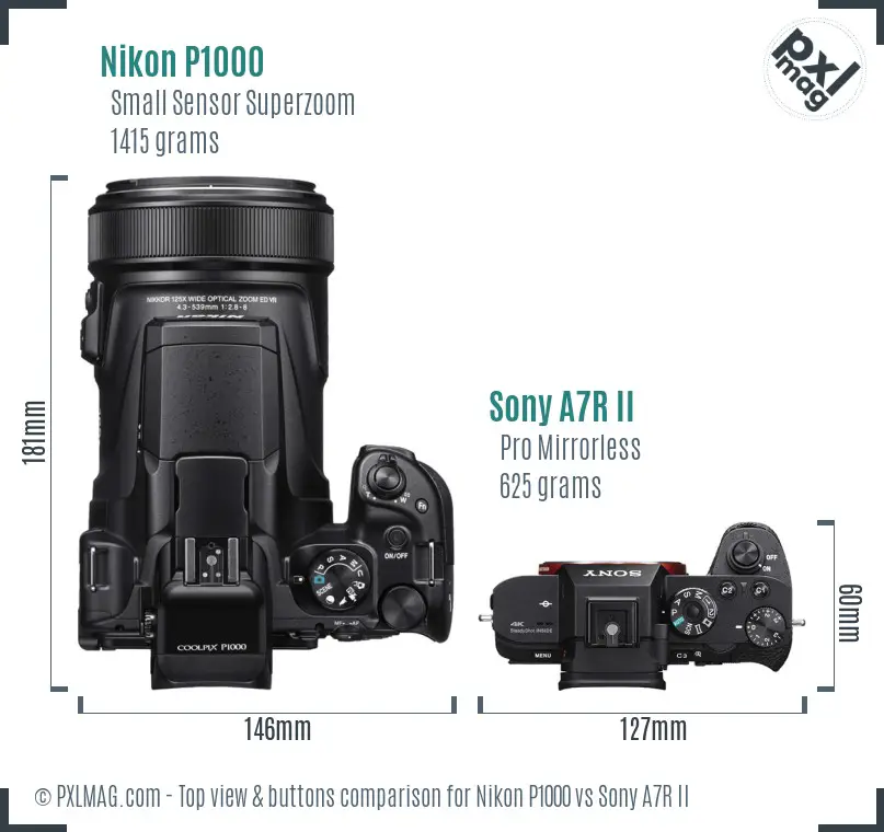 Nikon P1000 vs Sony A7R II top view buttons comparison Nikon P1000 vs Sony A7R II top view buttons comparison