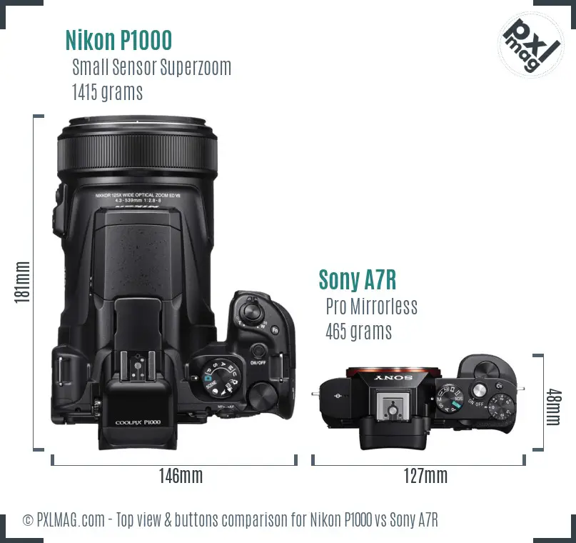 Nikon P1000 vs Sony A7R top view buttons comparison Nikon P1000 vs Sony A7R top view buttons comparison