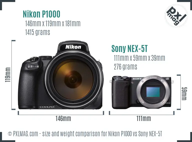 Nikon P1000 vs Sony NEX-5T size comparison