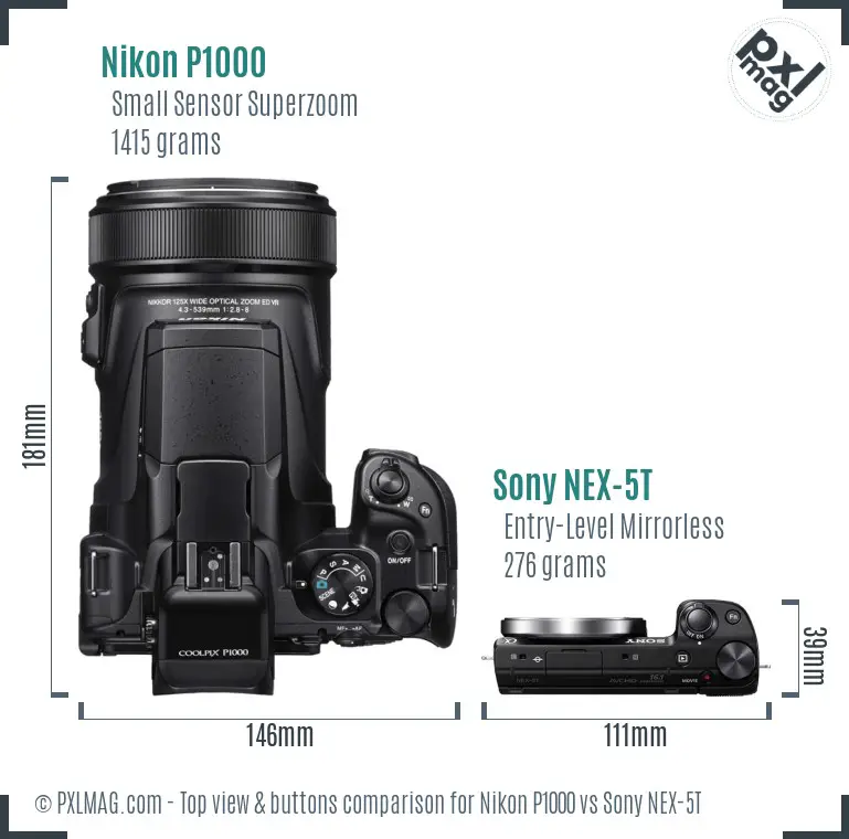 Nikon P1000 vs Sony NEX-5T top view buttons comparison