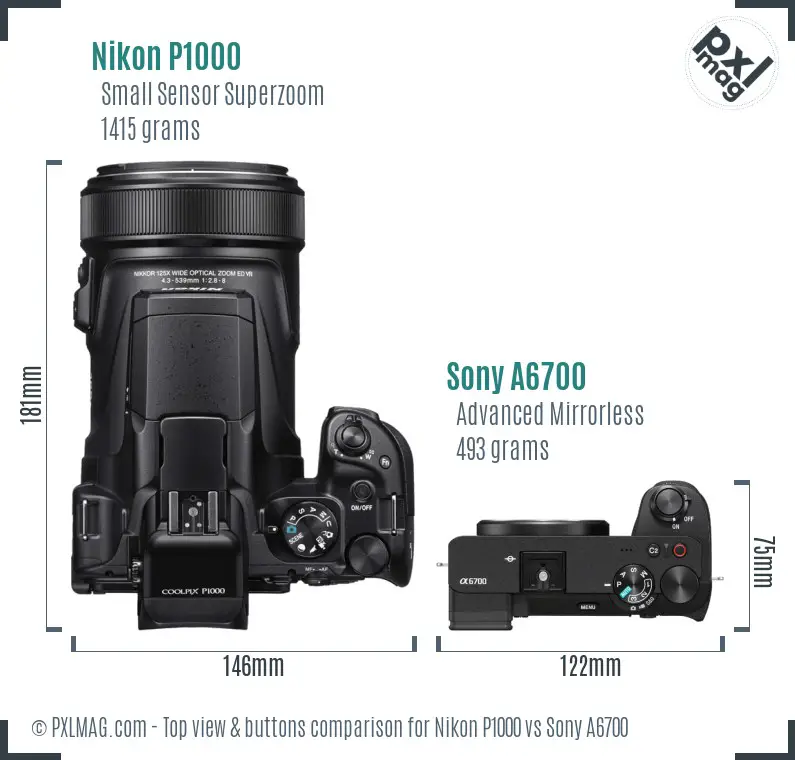 Nikon P1000 vs Sony A6700 top view buttons comparison Nikon P1000 vs Sony A6700 top view buttons comparison