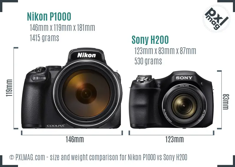 Nikon P1000 vs Sony H200 size comparison