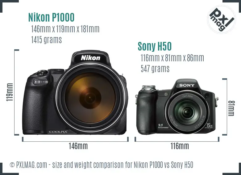 Nikon P1000 vs Sony H50 size comparison