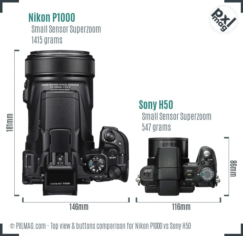 Nikon P1000 vs Sony H50 top view buttons comparison