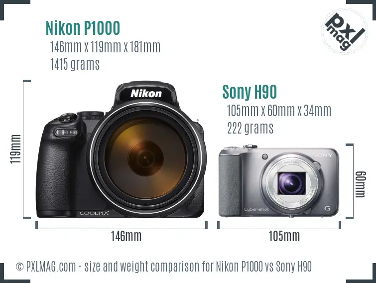 Nikon P1000 vs Sony H90 size comparison
