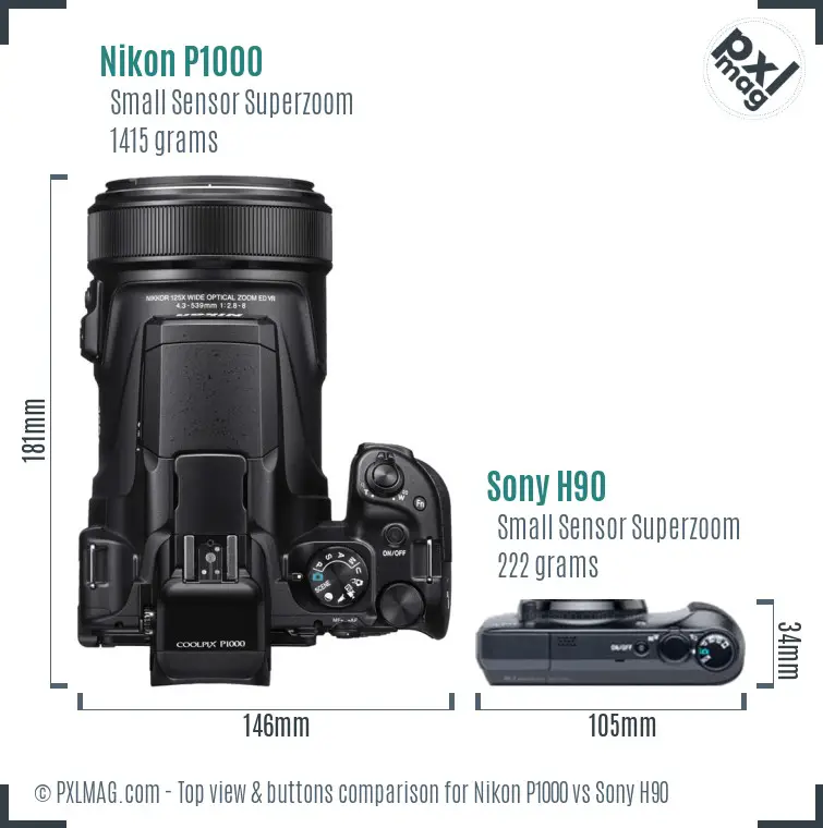 Nikon P1000 vs Sony H90 top view buttons comparison
