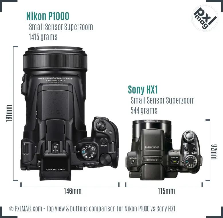 Nikon P1000 vs Sony HX1 top view buttons comparison
