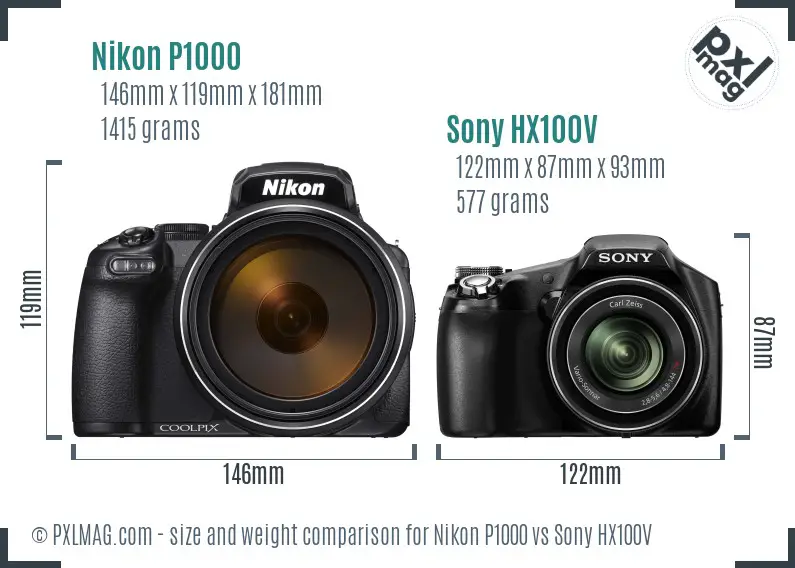 Nikon P1000 vs Sony HX100V size comparison