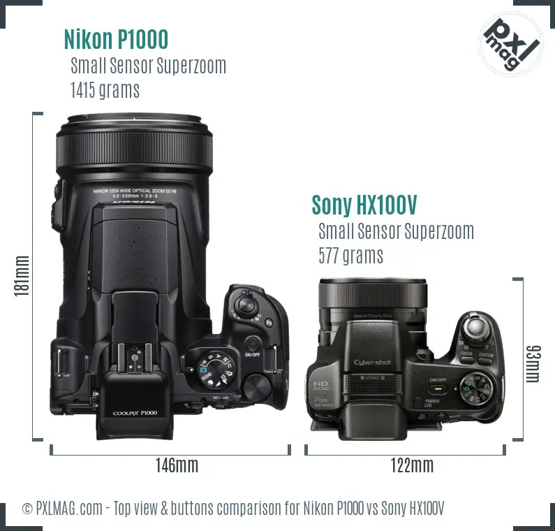 Nikon P1000 vs Sony HX100V top view buttons comparison