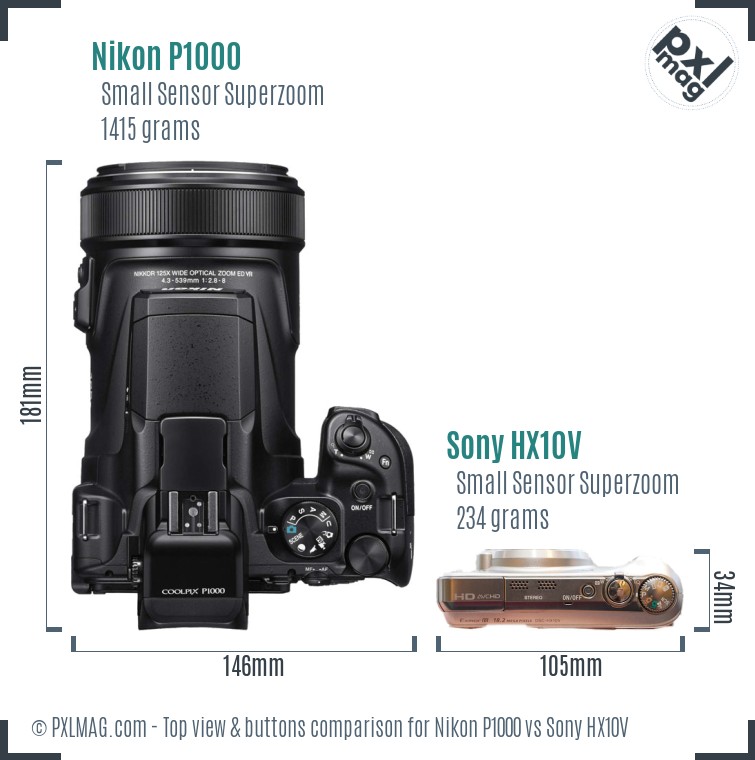 Nikon P1000 vs Sony HX10V top view buttons comparison