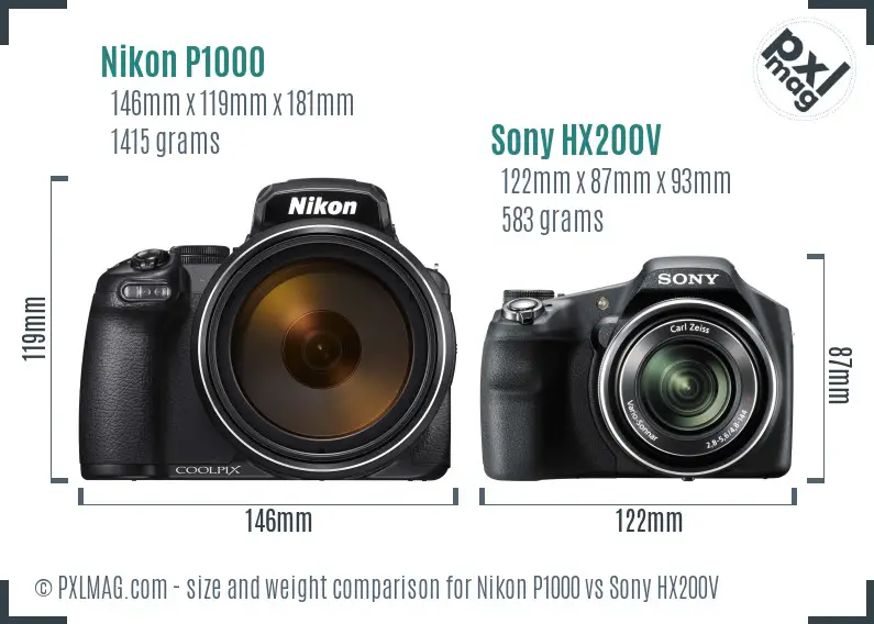 Nikon P1000 vs Sony HX200V size comparison