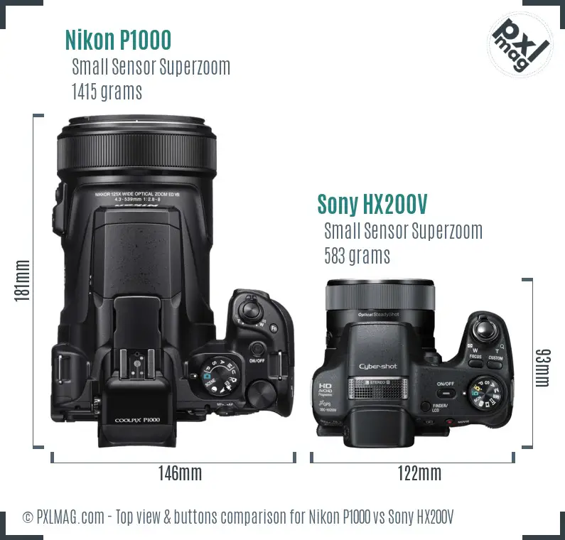 Nikon P1000 vs Sony HX200V top view buttons comparison
