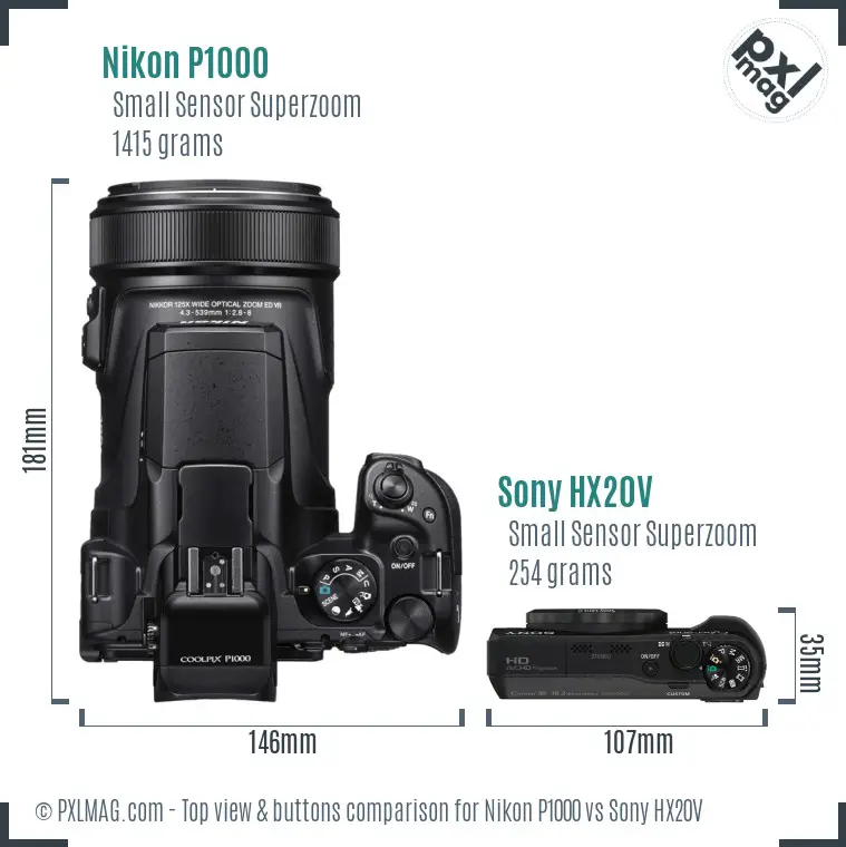 Nikon P1000 vs Sony HX20V top view buttons comparison