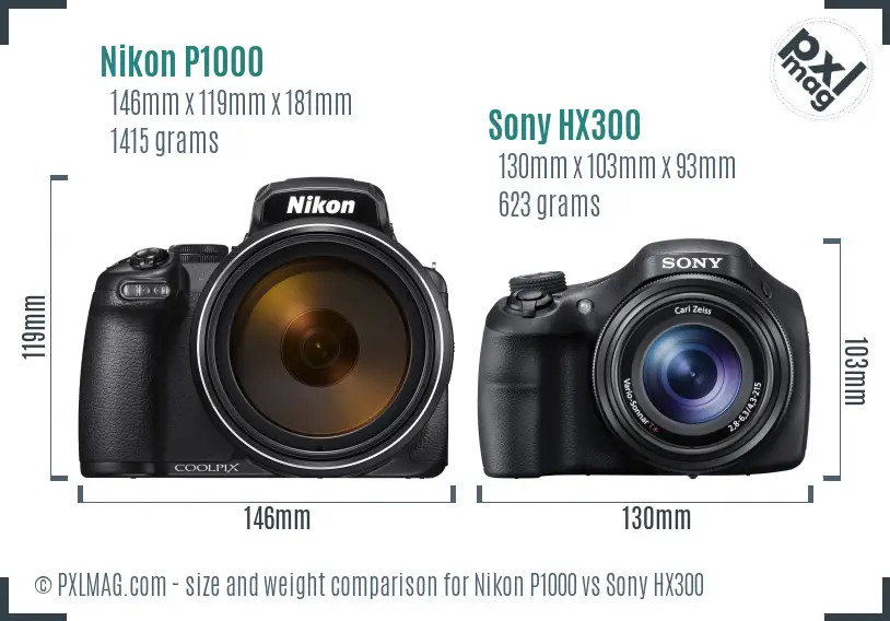 Nikon P1000 vs Sony HX300 size comparison