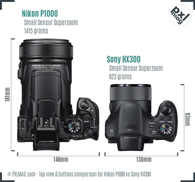 Nikon P1000 vs Sony HX300 top view buttons comparison
