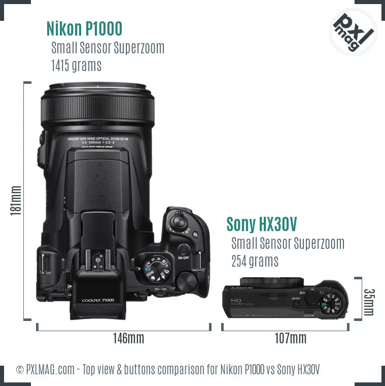 Nikon P1000 vs Sony HX30V top view buttons comparison