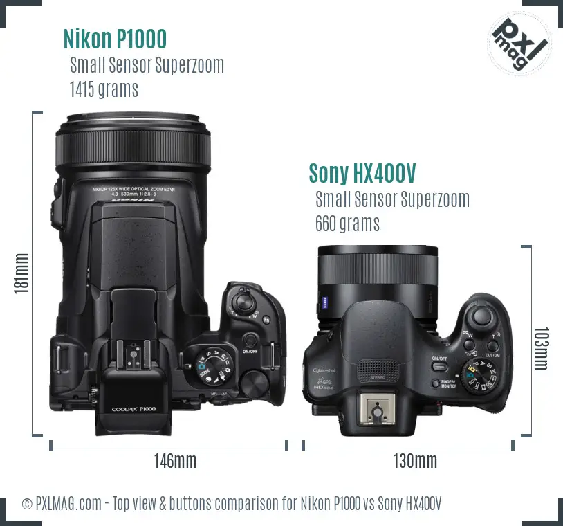 Nikon P1000 vs Sony HX400V top view buttons comparison