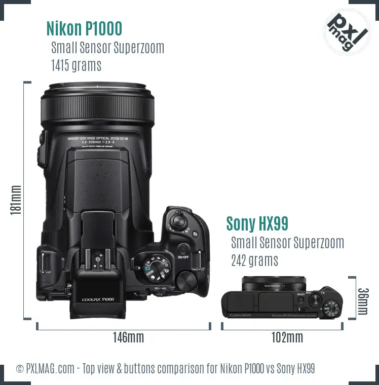 Nikon P1000 vs Sony HX99 top view buttons comparison
