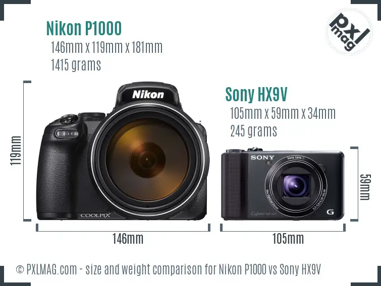 Nikon P1000 vs Sony HX9V size comparison