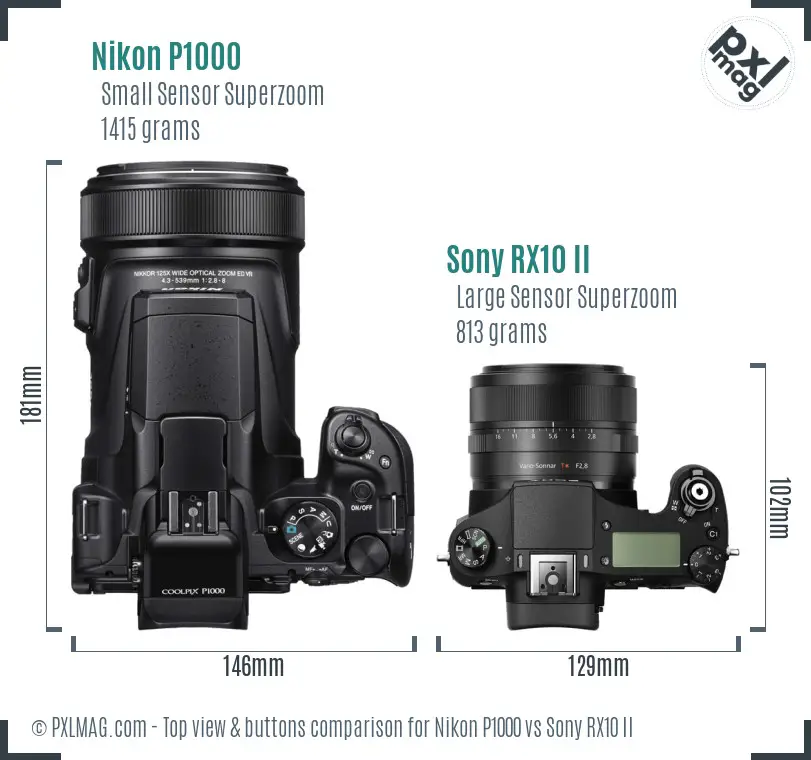 Nikon P1000 vs Sony RX10 II top view buttons comparison