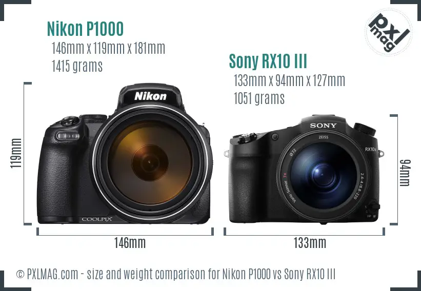 Nikon P1000 vs Sony RX10 III size comparison