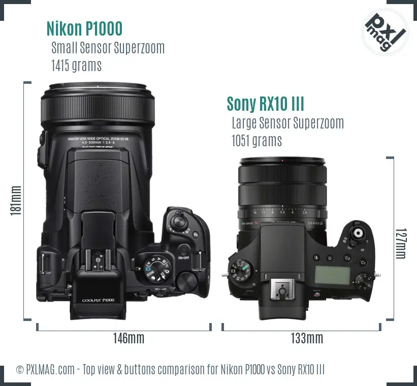 Nikon P1000 vs Sony RX10 III top view buttons comparison