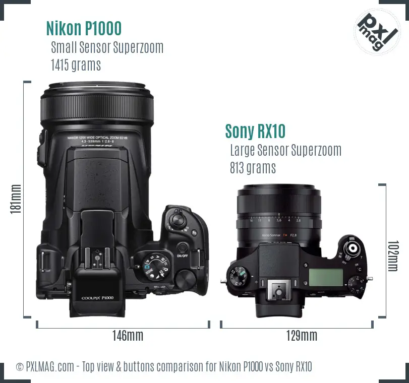 Nikon P1000 vs Sony RX10 top view buttons comparison
