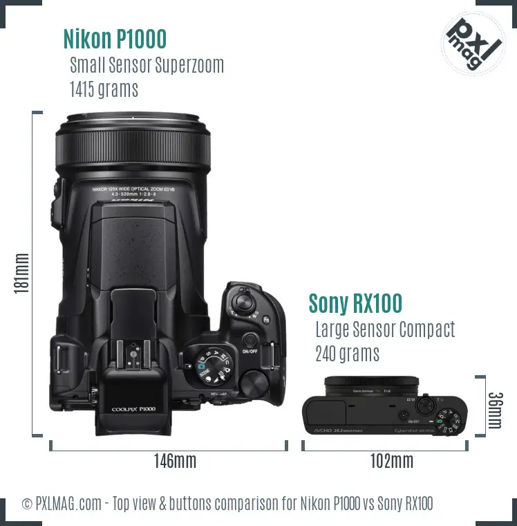 Nikon P1000 vs Sony RX100 top view buttons comparison