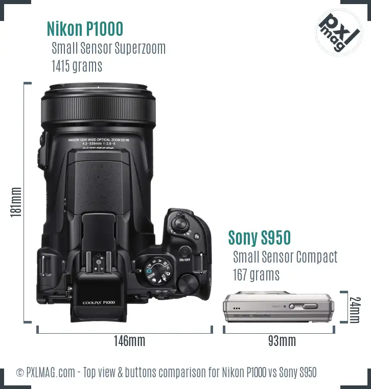 Nikon P1000 vs Sony S950 top view buttons comparison