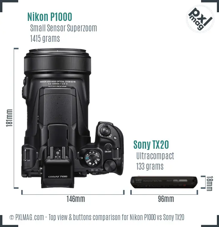 Nikon P1000 vs Sony TX20 top view buttons comparison